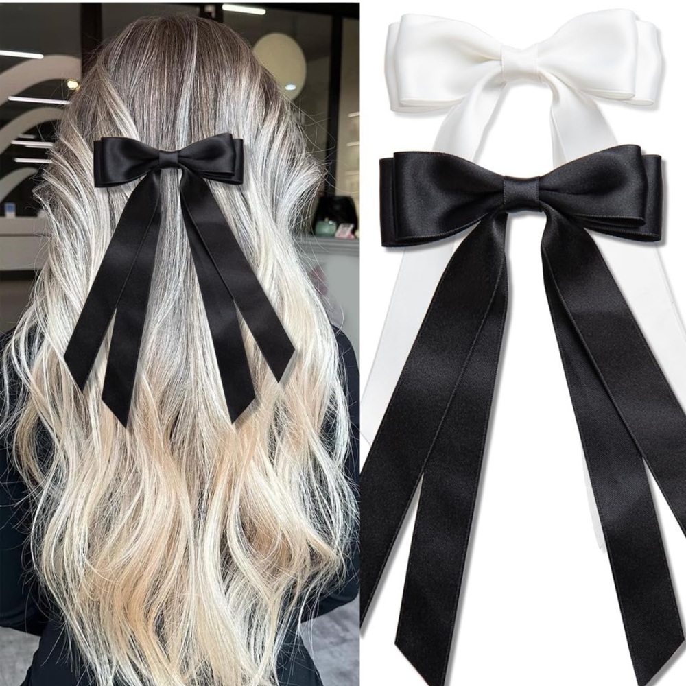 NWT Hair Bows, 2 PCS Large Double Ribbon Bow for Women Girls Teens- Black, White